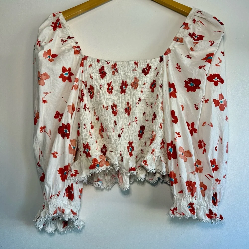 Floral Puff Sleeve Blouse Top Smocked Waist Front Tie Large Boho peasant